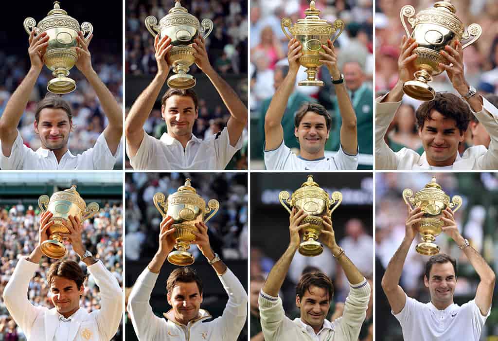 WIMBLEDON: This file combination of photo shows Switzerland’s Roger Federer holding up the Wimbledon Championships trophy after winning each of his eight men’s singles titles at The All England Tennis Club in Wimbledon. Swiss tennis legend Roger Federer is to retire after next week’s Laver Cup, he said on September 15, 2022. – AFP